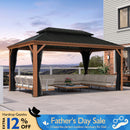 PURPLE LEAF Hardtop Gazebo for Patio Wood Grain Aluminum Frame Awning with Netting