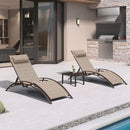 PURPLE LEAF bronze aluminum adjustable chaise lounge chairs with tan Textilene & side table.