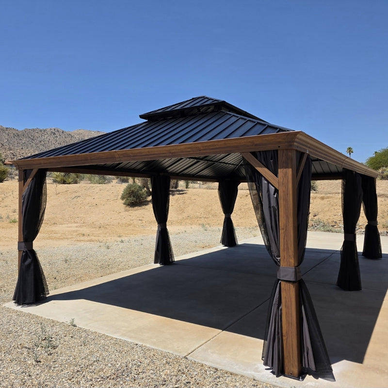 PURPLE LEAF Hardtop Gazebo for Patio Wood Grain Galvanized Steel Frame Awning with Netting