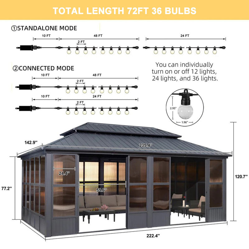 PURPLE LEAF Sunroom Hardtop Gazebo Solarium Grey Galvanized Steel Double Roof  All-Weather Aluminum Outdoor Screen House with String Lights