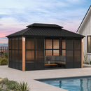 PURPLE LEAF Sunroom Hardtop Gazebo Solarium Wood Grain  Galvanized Steel Double Roof All-Weather Aluminum Outdoor Screen House with String Lights