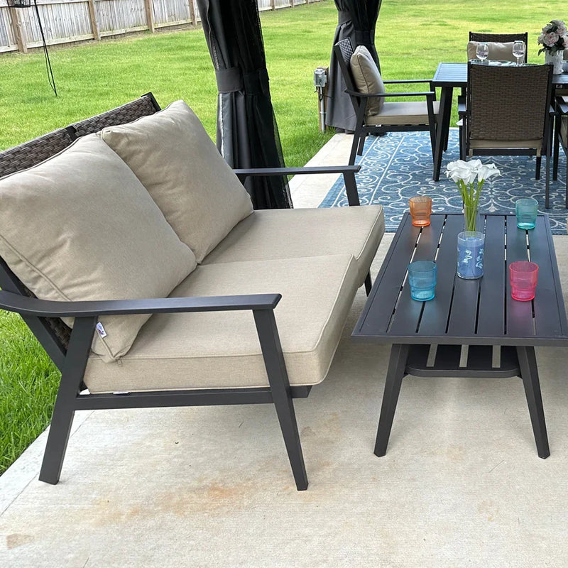 PURPLE LEAF Lorri Patio Conversation Set Small Size with Khaki Cushions Heavy-Duty Metal Frame Rattan Backrest for Patio Garden