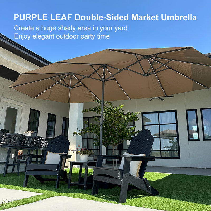 PURPLE LEAF 15'X9' double-sided large patio market beige umbrella with light and free base creates a huge shady area in your yard.Enjoy elegant outdoor party time.