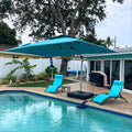 PURPLE LEAF 10x13ft turquoise cantilever umbrella with base, shading poolside lounge chairs.