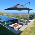 PURPLE LEAF 9x9ft patio cantilever umbrella with base by pool.
