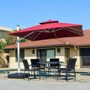 PURPLE LEAF 9x9ft burgundy cantilever umbrella with black base, over patio dining set