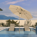 Beige PURPLE LEAF patio market umbrella with wood color aluminum pole over pool