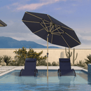 PURPLE LEAF navy blue aluminum patio market umbrella with wood-color pole over pool.