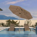 PURPLE LEAF tan market umbrella, aluminum outdoor table umbrella with wood-color pole by pool.