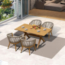 PURPLE LEAF all-weather patio dining set: wood grain aluminum table, rope chairs, cushions.