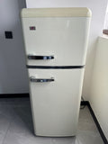 PURPLE LEAF white retro freestanding outdoor refrigerator with chrome handles and logo.