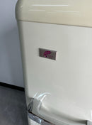 PURPLE LEAF white freestanding outdoor refrigerator with chrome handle and logo.