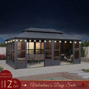 PURPLE LEAF Sunroom Hardtop Gazebo Solarium Grey Galvanized Steel Double Roof  All-Weather Aluminum Outdoor Screen House with String Lights