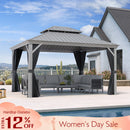 Light grey PURPLE LEAF hardtop patio gazebo with galvanized steel roof and curtains by pool.