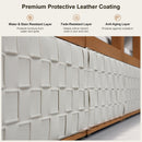 White woven leather texture with premium protective coating: water & stain resistant, fade-resistant, and anti-aging.