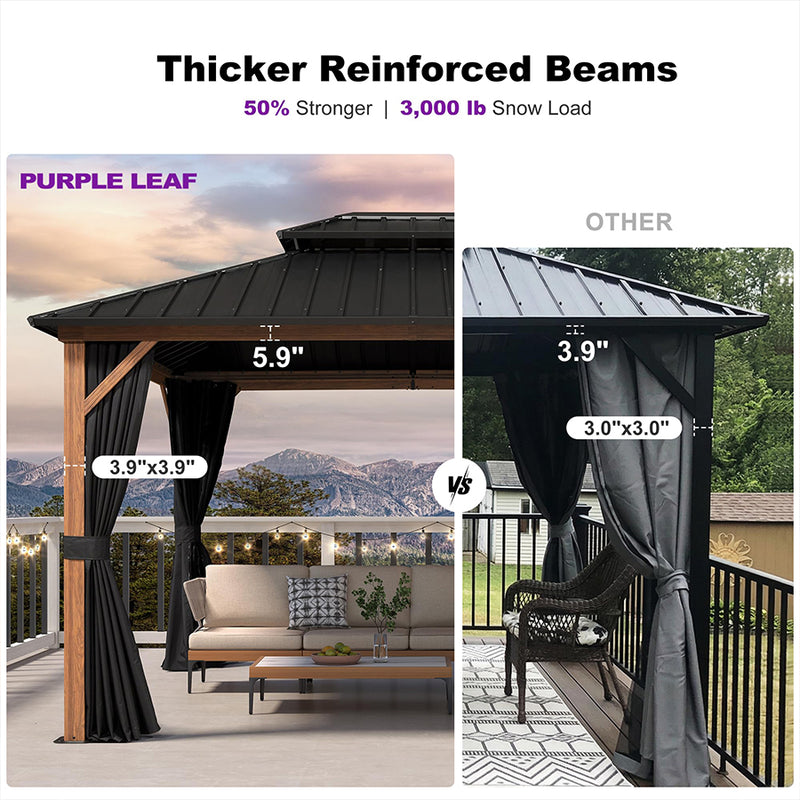 PURPLE LEAF Metal Gazebo Double Roof Wood Grain Aluminum Frame with Curtains and Netting