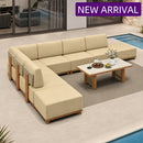 Beige L-shaped modular outdoor sectional with wood-grain frame and coffee table, new arrival