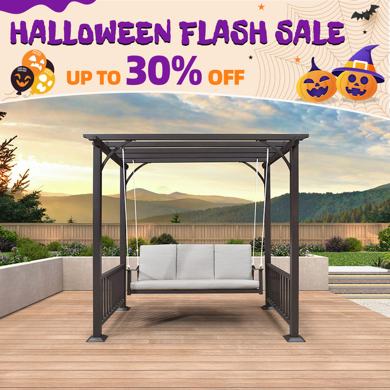 PURPLE LEAF 3-Seat Outdoor Metal Pergola Swing Bed Hanging Cloud Swing Chair with Stand Cushions & Pillows for Outdoor