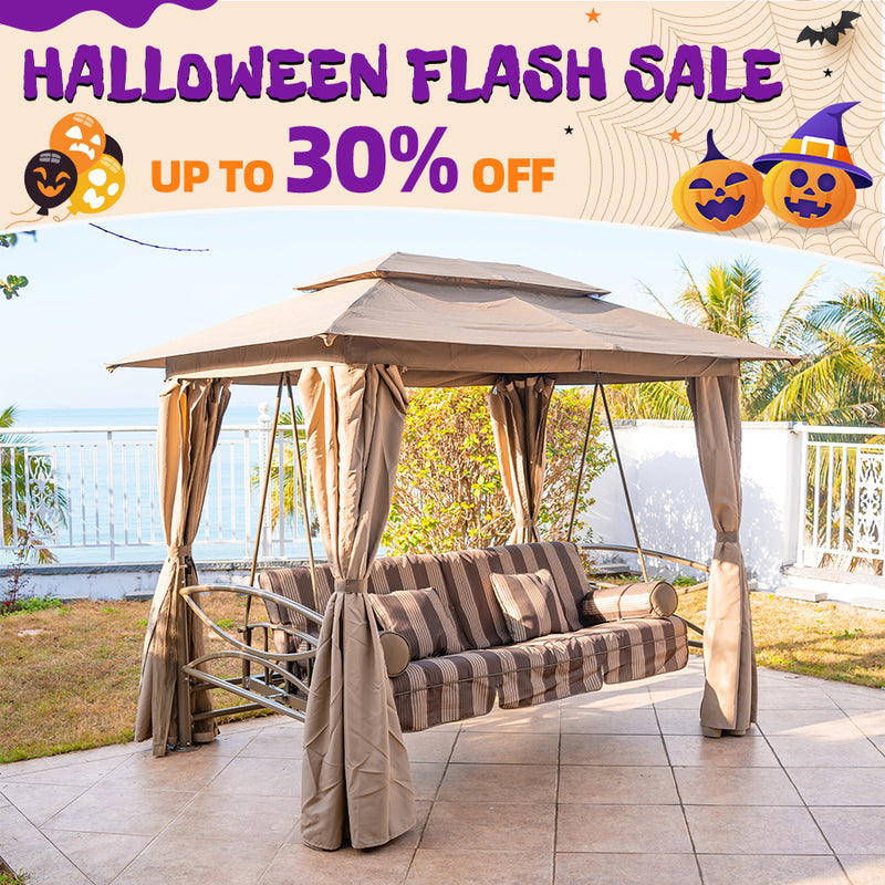 PURPLE LEAF 3 Person Outdoor Patio Porch Swing Gazebo with Netting & Gazebo Curtains with Canopy Swings for Adults