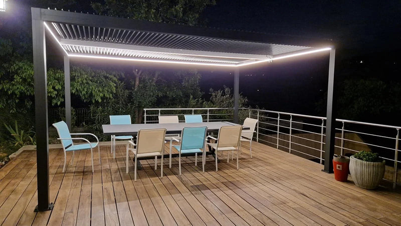 PURPLE LEAF Athena Louvered Pergola Grey Outdoor Aluminum Pergola with Strip Lights Adjustable Gazebo for Patio Deck Garden