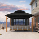 PURPLE LEAF Sunroom Hardtop Gazebo with Wood Grain Columns Black Frame Double Roof Galvanized Steel Solarium All-Weather Screen House with String Lights