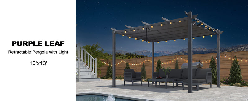 PURPLE LEAF Patio Retractable Pergola with Shade Canopy Modern Grill Gazebo Metal Shelter Pavilion for Porch Deck Garden Backyard With Lights