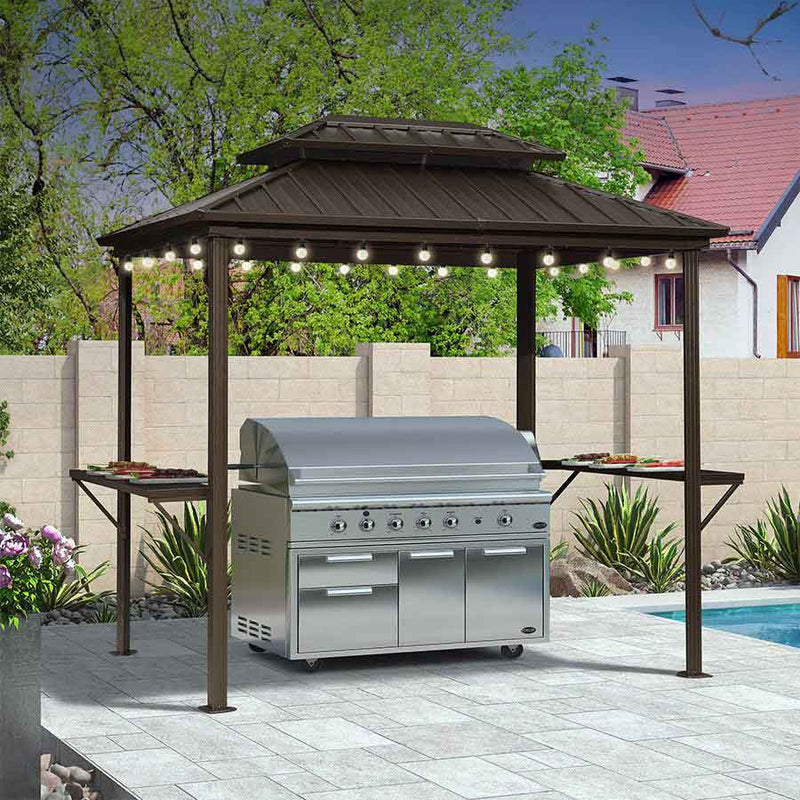 PURPLE LEAF Hardtop Grill Gazebo for Patio Bronze Permanent Metal Roof Outside Sun Shade Outdoor BBQ Canopy with String Lights