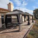 PURPLE LEAF Deck Gazebo Champagne Hardtop Metal Frame Double Roof with Curtains and Netting with Lights-clear