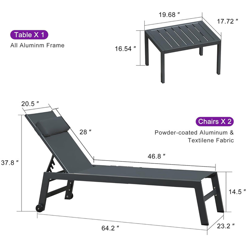 PURPLE LEAF Outdoor Lounge Chair Set of 3 Patio Chaise Pool Lounger Aluminum Frame with Side Table and Wheels for Outside Sunbathing Tanning Recliner Including Pillows