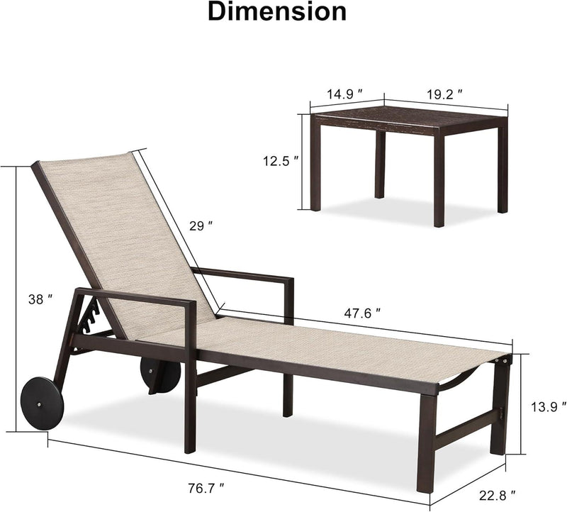 PURPLE LEAF Pool Chaise Lounge with Armrests and Aluminum Adjustable Backrest Lounge Chairs for Deck Outside Lawn Garden, Side Table Included