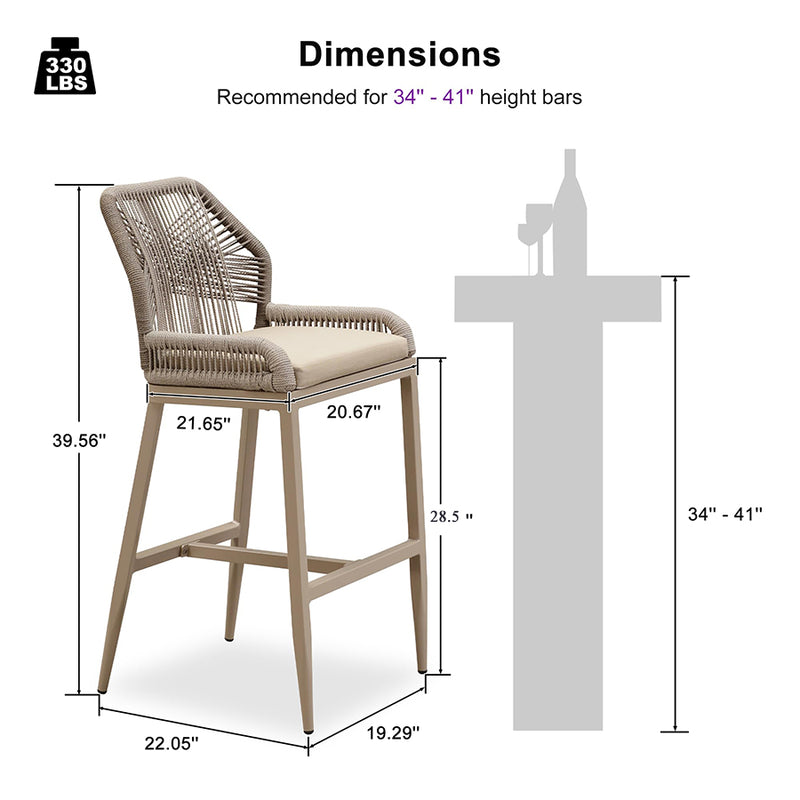 PURPLE LEAF Patio Sunbrella Bar Stools Set of 2  Rattan Bar Aluminum Bar Stool Outdoor Barstools with Back and Cushion for Garden Kitchen Island