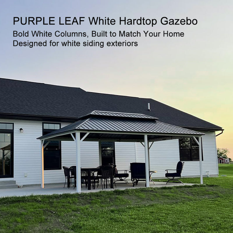 PURPLE LEAF Patio Hardtop Gazebo for Outdoor Grey Galvanized Steel Double Roof White Aluminum Poles with Curtains and String Lights-clear