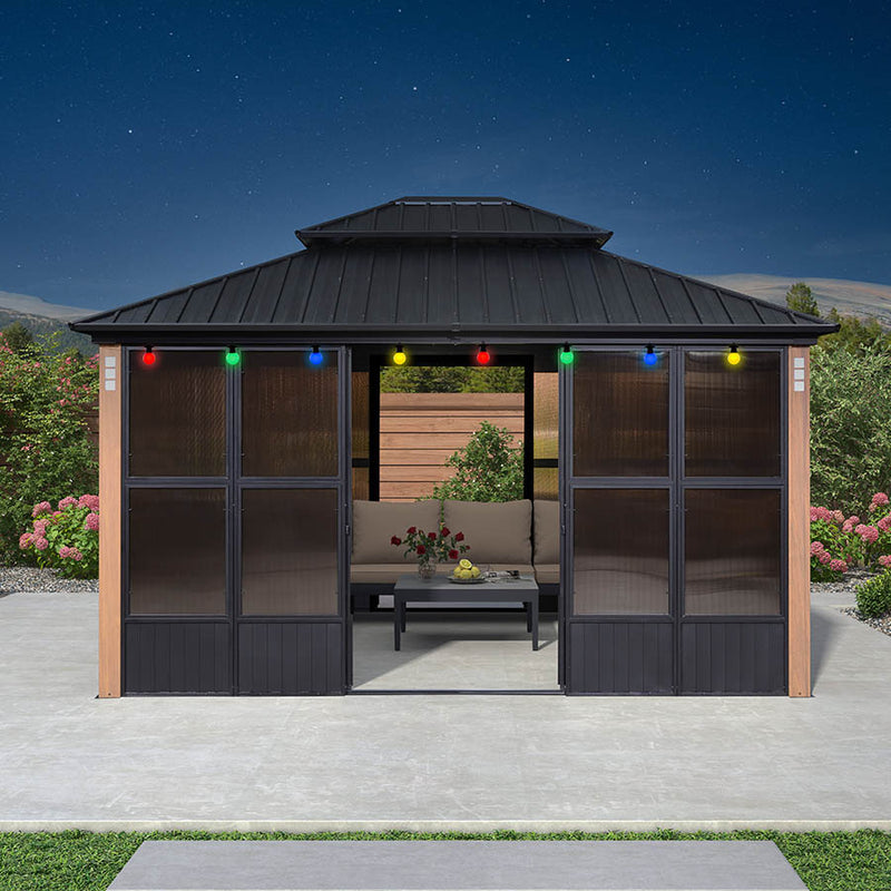 PURPLE LEAF Sunroom Hardtop Gazebo Solarium Wood Grain  Galvanized Steel Double Roof All-Weather Aluminum Outdoor Screen House with String Lights