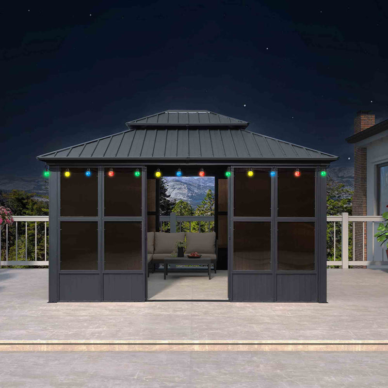 PURPLE LEAF Sunroom Hardtop Gazebo Solarium Grey Galvanized Steel Double Roof  All-Weather Aluminum Outdoor Screen House with String Lights