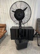 PURPLE LEAF black outdoor misting fan with stand and water reservoir.