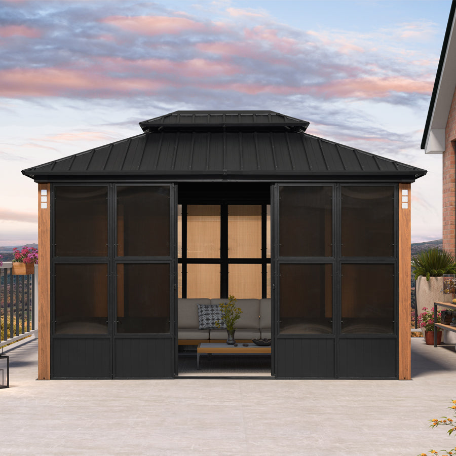 PURPLE LEAF Sunroom Hardtop Gazebo Solarium Wood Grain Galvanized Stee