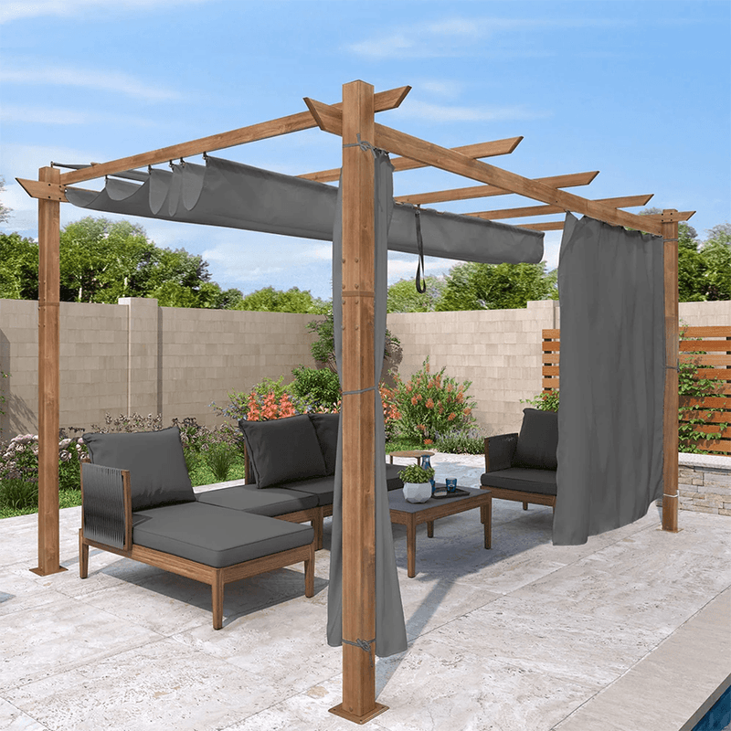 PURPLE LEAF Outdoor Retractable Pergola with Sun Shade Canopy In Natural Wood Grain Frame With Curtains