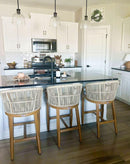 PURPLE LEAF Patio Bar Stools Set of 2 Outdoor Wicker Modern High Bar Chairs Metal Cushioned Barstools with Backs and Ergonomic Armrest for Balcony Garden Indoor Kitchen Island