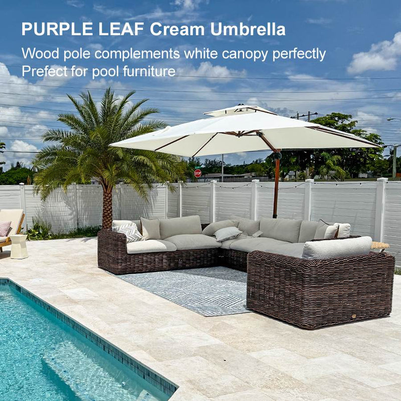PURPLE LEAF Outdoor Garden Umbrella with Base, Cantilever Umbrellas in Wood Color