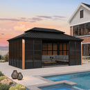 PURPLE LEAF Sunroom Hardtop Gazebo Solarium Wood Grain  Galvanized Steel Double Roof All-Weather Aluminum Outdoor Screen House