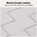 White marine-grade leather, woven texture. Fade-resistant for 3+ years. Durable patio furniture material.