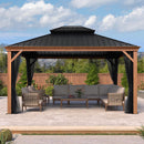 PURPLE LEAF Hardtop Gazebo for Patio Wood Grain Galvanized Steel Frame Awning with Netting