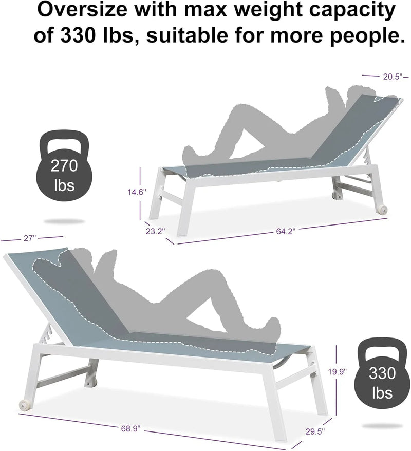 PURPLE LEAF Outdoor Chaise Lounge Chairs Set of 2 White Aluminum Lounge Chair Five-Position Adjustable Chaise with Wheels and Table for Pool Deck Patio