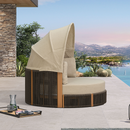 PURPLE LEAF Outdoor Round Daybed with Adjustable Canopy for Patio, Brown | Olefin fabric cover, thickened seat and back cushion, adjustable canopy, all weather aluminum frame, elegant wicker design