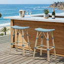 PURPLE LEAF Outdoor Bar Stools Set of 2 Backless Rattan Barstools with Saddle Seat and Footrest All Weather Aluminum Bar Chairs for Patio Kitchen Island Pool Balcony