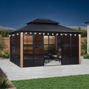 PURPLE LEAF Sunroom Hardtop Gazebo Solarium Wood Grain  Galvanized Steel Double Roof All-Weather Aluminum Outdoor Screen House with String Lights