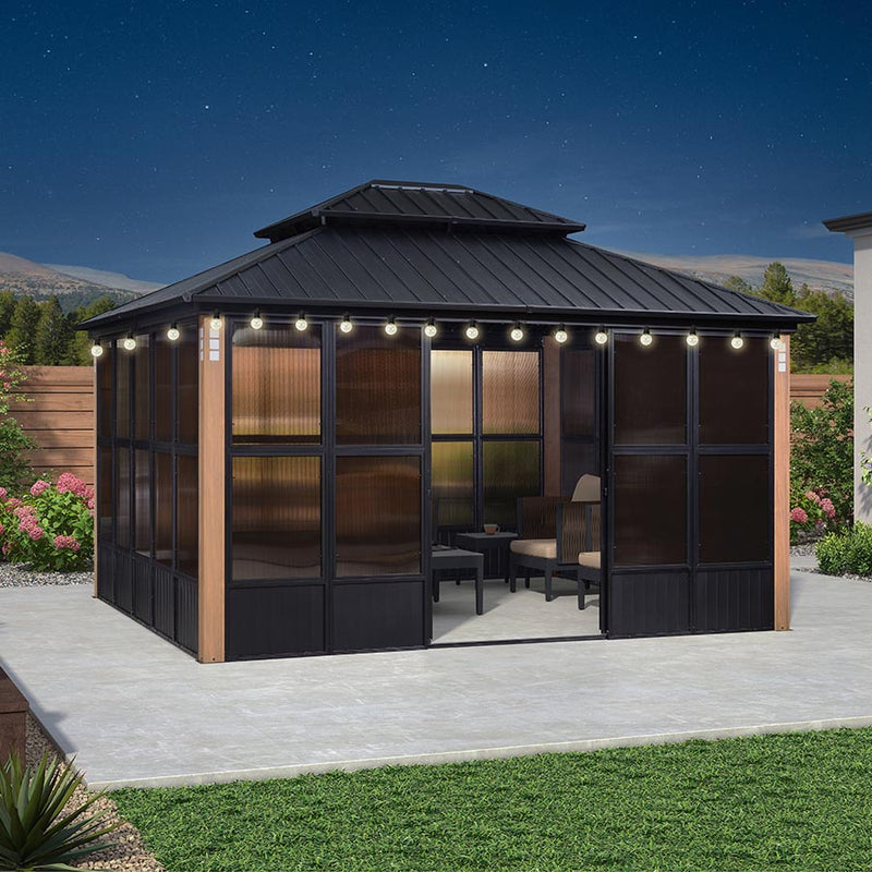 PURPLE LEAF Sunroom Hardtop Gazebo Solarium Wood Grain  Galvanized Steel Double Roof All-Weather Aluminum Outdoor Screen House with String Lights