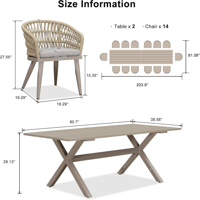 PURPLE LEAF Modern Outdoor Dining Table with 6/8/10 Seats, All-Weather Aluminum Table and Rattan Chairs with Cushions, Champagne
