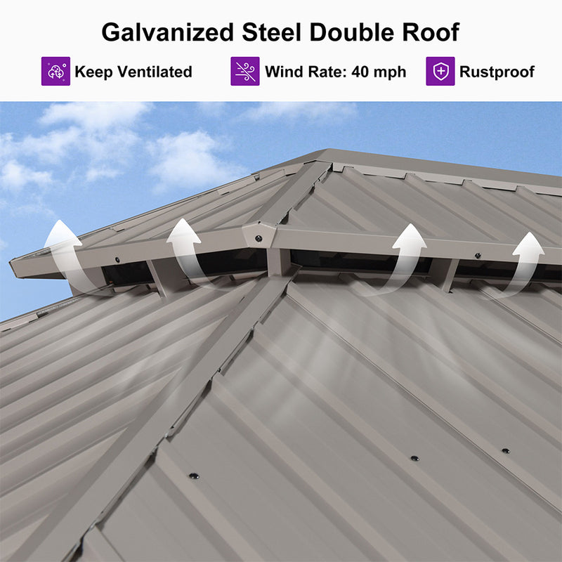 PURPLE LEAF Outdoor Hardtop Gazebo Champagne Metal Frame Galvanized Steel Double Roof with Curtains and Netting for Poolside