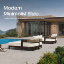 Modern outdoor daybed chaise lounges with cream cushions and woven backs by pool